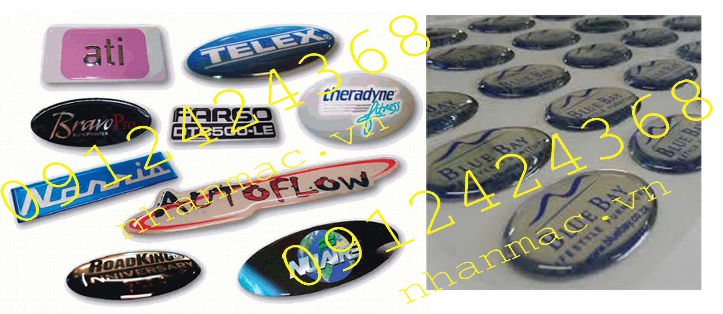 TE9- Tem nhãn mác logo nhựa dẻo phủ keo nổi thủy tinh Epoxy cho tem nhãn nội thất