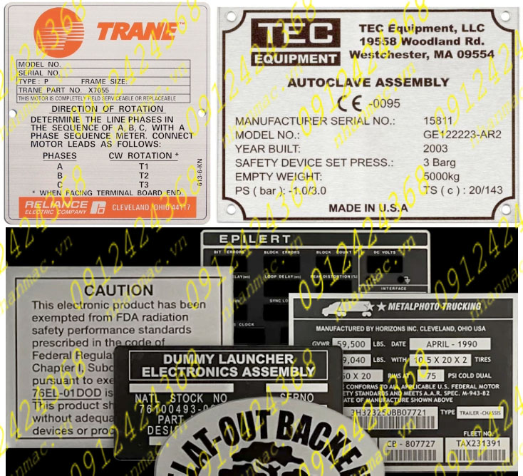 TLNM4- Tem kim loại làm logo nhãn mác máy móc động cơ ghi rõ thông số kĩ thuật 